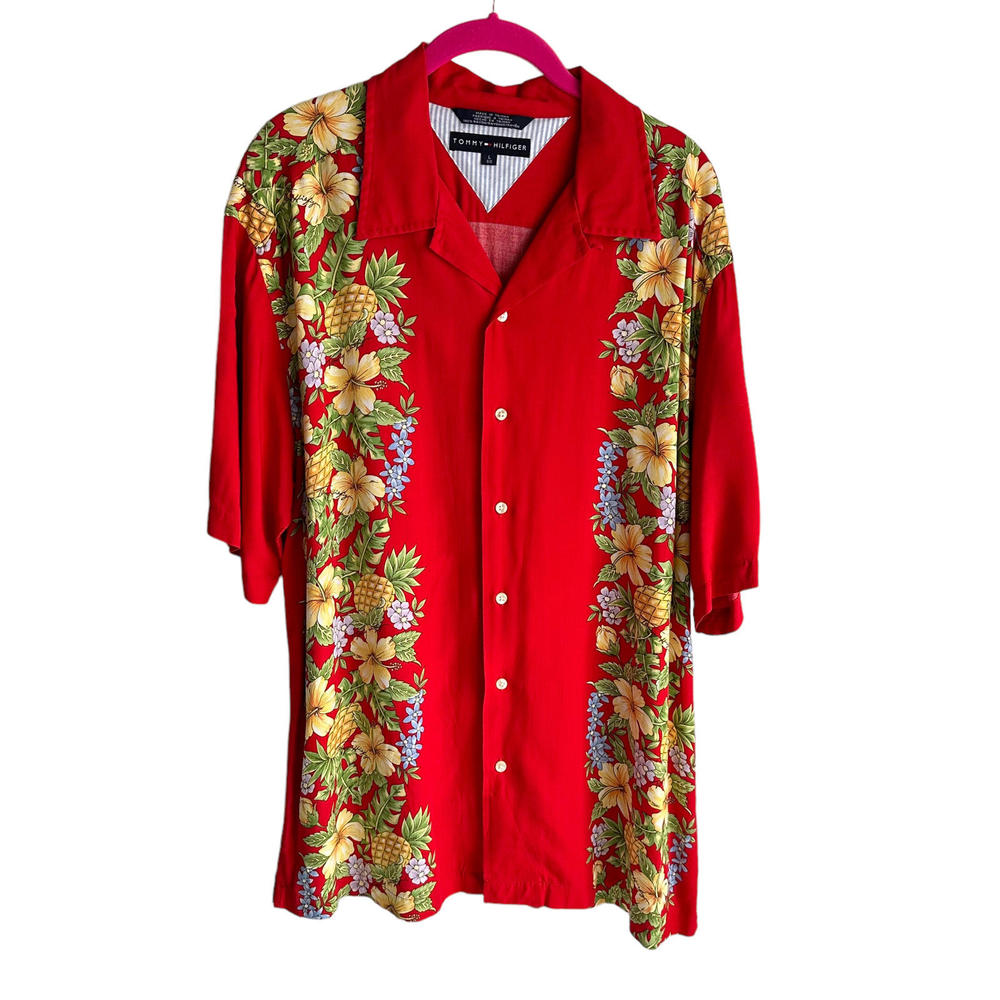 TOMMY HILFIGER Mens Red Casual Hawaiian‎ Short Sleeve Button Up Shirt, L